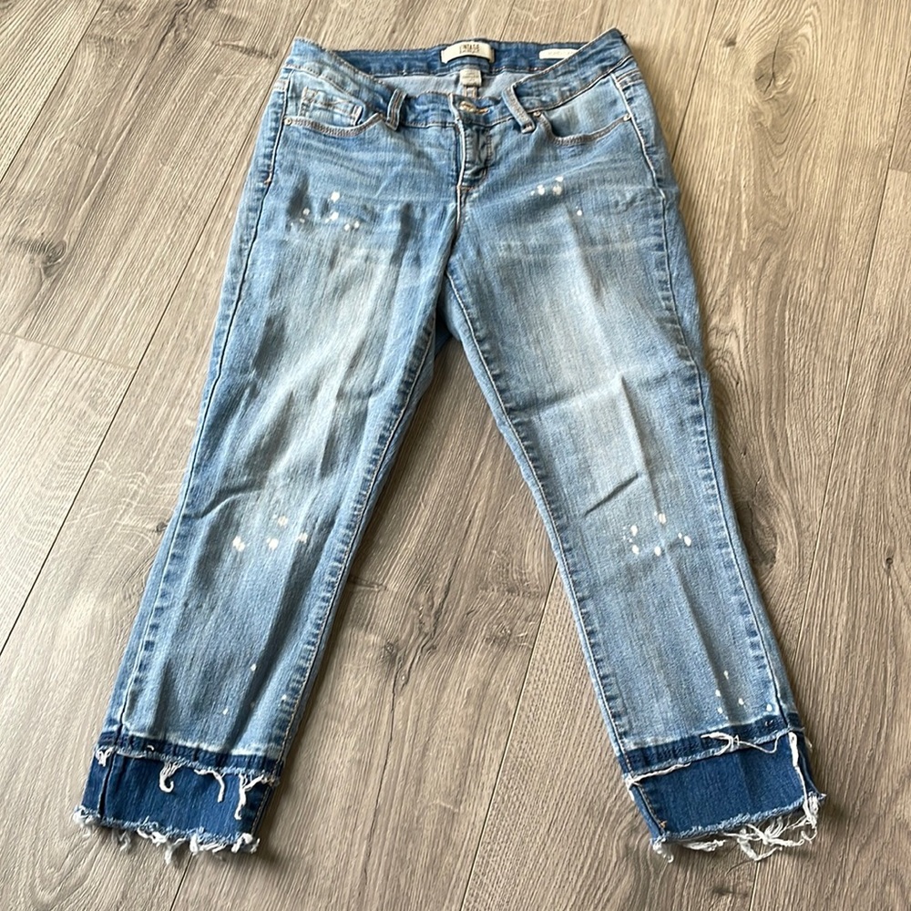 Vintage Blue America Painter stain Boho capris with raw hem .